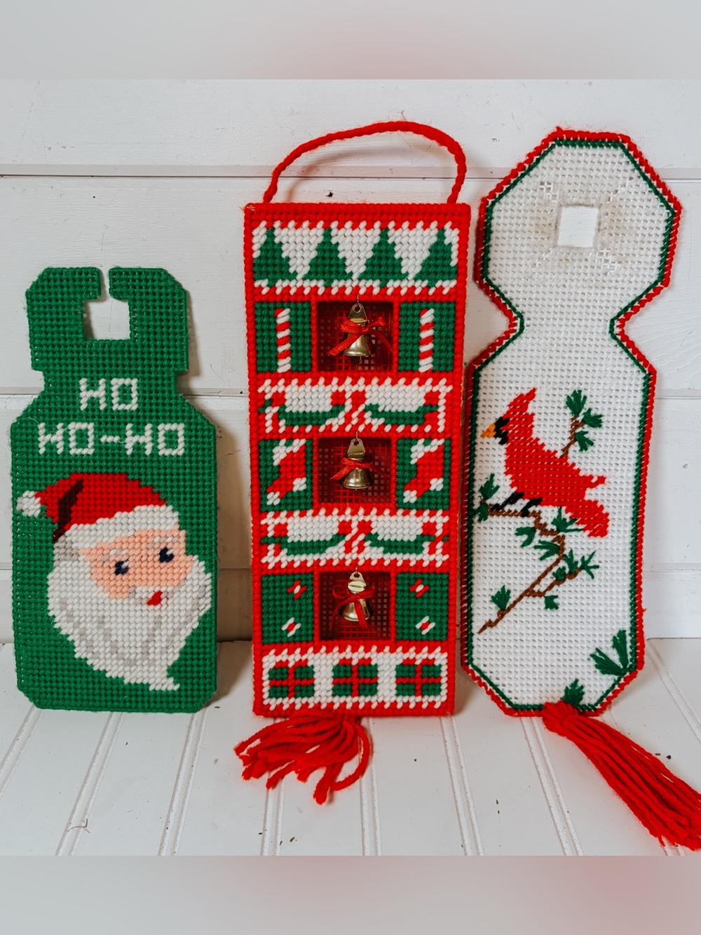 Vintage Christmas Needlepoint Plastic Door Hangers Set of 3